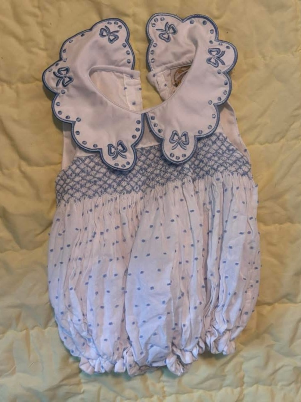 Little bear smocks smocking company blue bow embroidered Swiss dot bubble smock